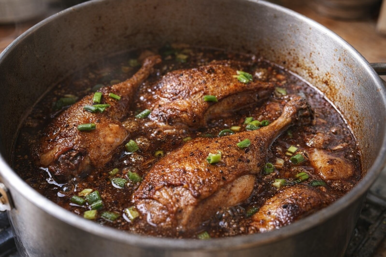 A close-up shot of braised duck pieces in a dark, rich sauce, garnished with green onions, simmering gently in a pot, warm lighting